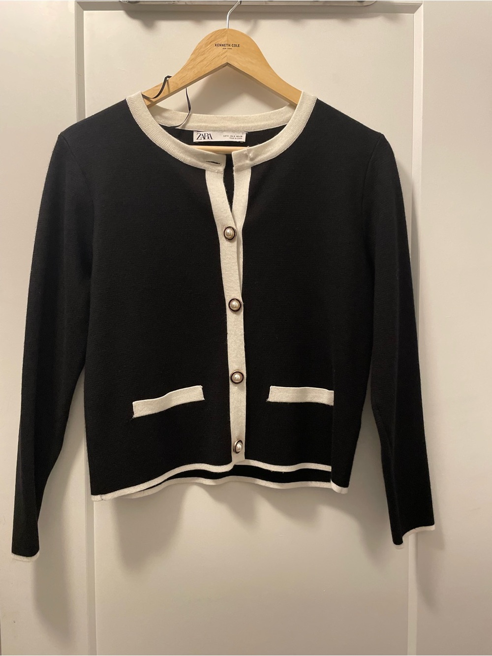 Zara Black Cardigan with Cream Contrast Trim